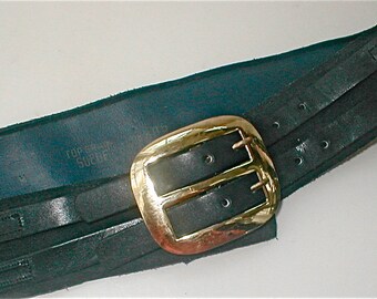 Black Suede Cinch Belt - Vintage 60s Big Brass Buckle Double Tabbed - Size M - Womens Accessories