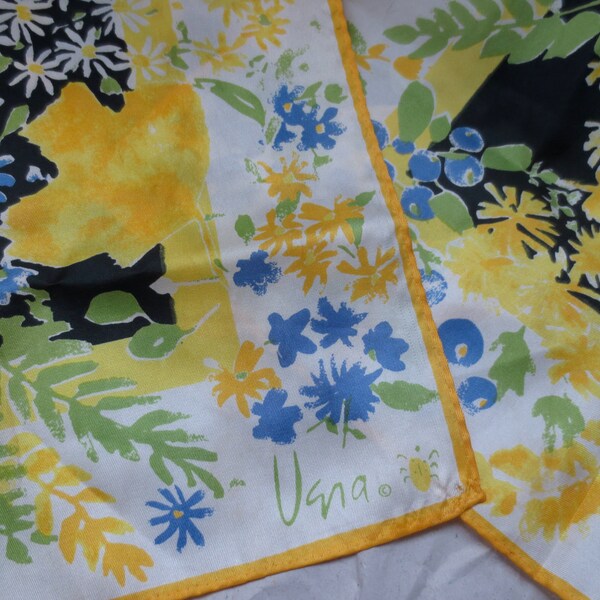 Vintage Vera Long Silk Scarf Signed Lady Bug Mark Florals in Periwinkle Blue Yellow Greens and Black Circa 1960s