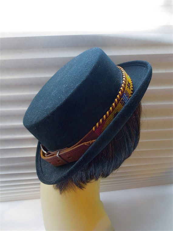 BoHo Hat - Black Wool Felt-With Beaded Leather Ba… - image 6