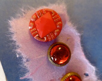 Hot Red Button Collection No. 7 -  5 Count -  Glass and Brass - Blouse Dress or Shirt Fasteners - Vintage 1930s or earlier