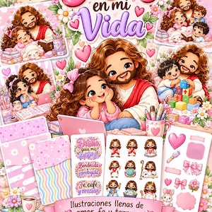 Puede incluir: Una colección digital de más de 38 elementos gráficos titulada Colección Jesus en mi Vida, con ilustraciones de Jesús con niños, corazones, flores y texto. Incluye listas imprimibles, archivos editables de Canva y PNG transparentes.
