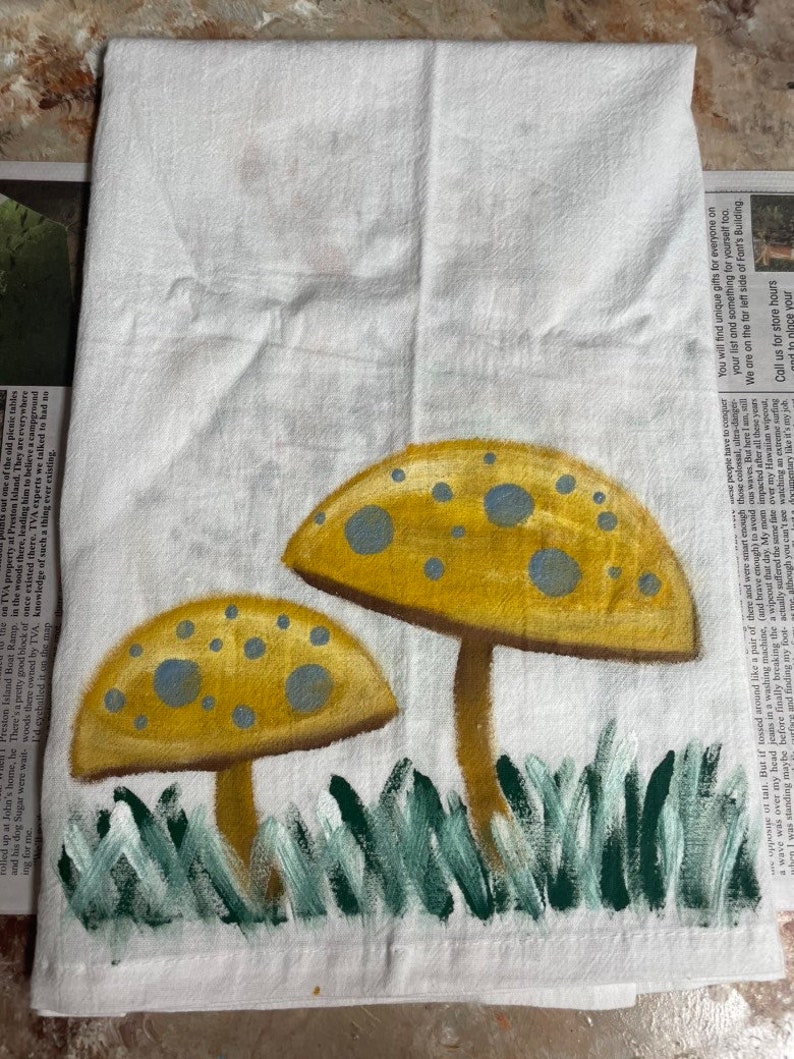 Yellow and blue mushrooms flour sack towel for the kitchen handpainted image 1