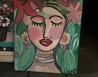 Frida inspired portrait of a woman with flowers in her hair ON SALE