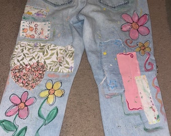 Distressed patchwork cropped mom jeans size 12 boho hippie shabby chic ON SALE and Free Shipping