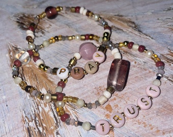 PRAY and TRUST beaded bracelet set handmade Set 2 pinks and neutrals