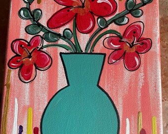 Oops Red flowers in pot small canvas painting