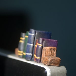 May include: A miniature bookshelf featuring a collection of colourful books. The books are in various colours, including green, blue, purple, and brown, with gold accents. The books are arranged in a row, suggesting a literary theme.