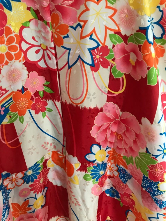 Japanese synthetic silk new kimono fabric red blue white | Etsy