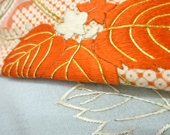 Vintage retro kimono silk crepe 14x64"  Japanese blue orange and gold embroidered flowers sewing pillow covers design dressmaking supplies