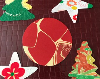 Scrap book fabric samples 5 pieces Japanese kimono silk stickers handmade stars Christmas tree circle designs 3x4" sizes