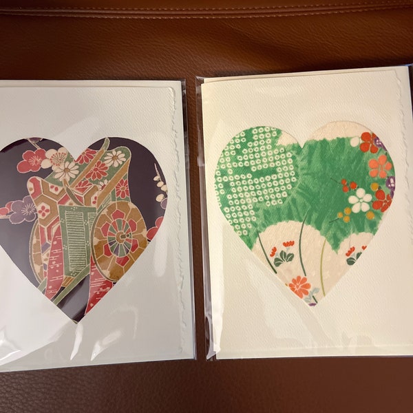Vintage silk heart greeting cards Japanese fabric hand cut set of 2 elegant wedding anniversary thank you cards floral designs