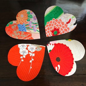 Silk Greeting cards 5 Hearts Handmade Japanese vintage kimono silk fabrics Valentines birthdays anniversary wedding greetings 5 cards image 4
