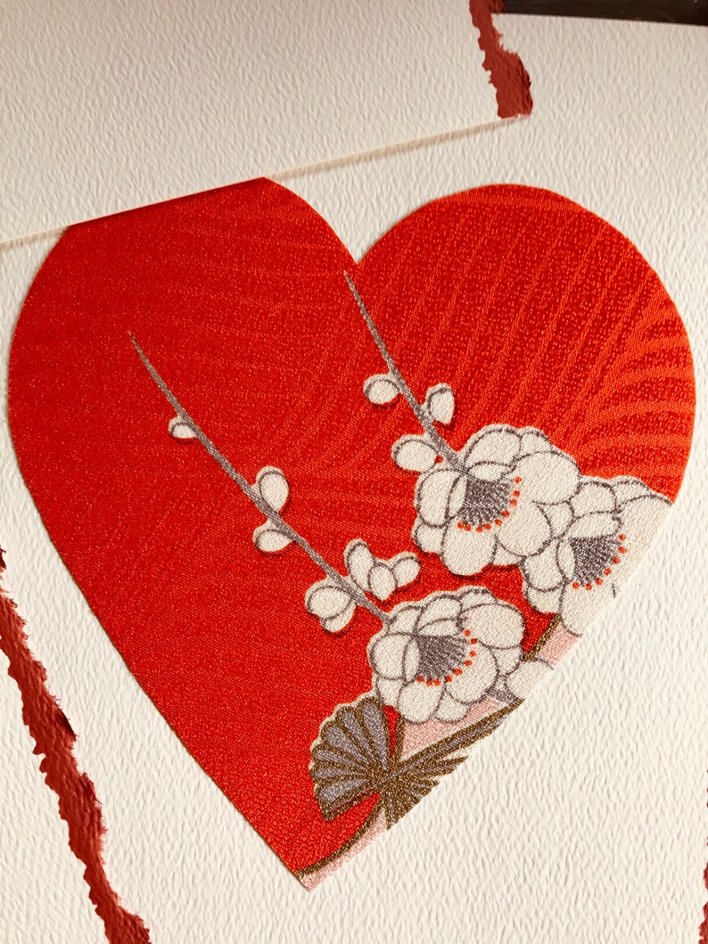 Silk Greeting cards 5 Hearts Handmade Japanese vintage kimono silk fabrics Valentines birthdays anniversary wedding greetings 5 cards image 3