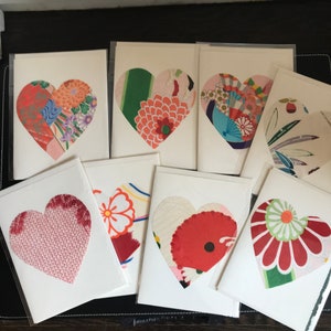Silk Greeting cards 5 Hearts Handmade Japanese vintage kimono silk fabrics Valentines birthdays anniversary wedding greetings 5 cards image 2