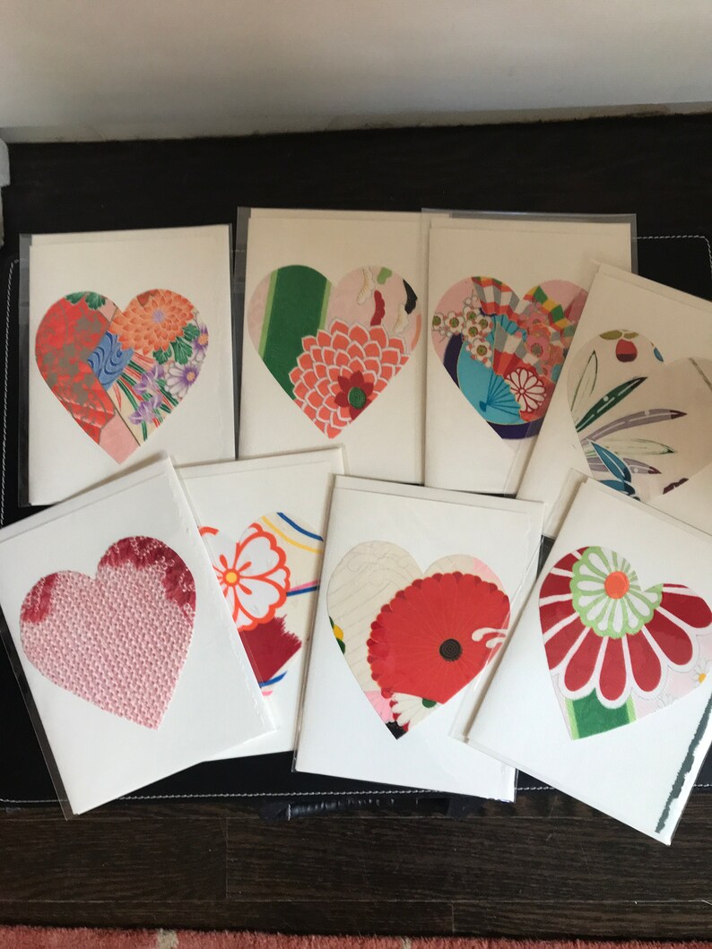 Silk Greeting cards 5 Hearts Handmade Japanese vintage kimono silk fabrics Valentines birthdays anniversary wedding greetings 5 cards image 2