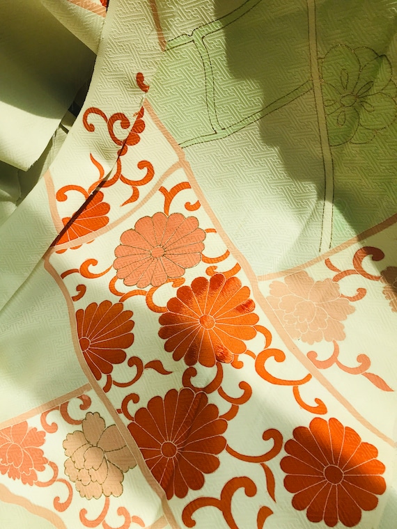 Mint Green Japanese Silk Fabric Vintage Kimono Orange Floral Etsy