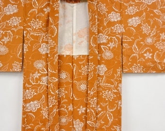 kimono silk Japanese vintage fabric sleeves apricot/white chirimen weave 14x47” including  floral lining dressmaking supply pillow cover