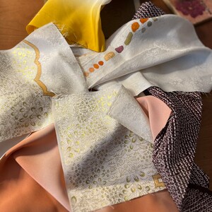 Multicolor silk scrap fabrics vintage kimono 10 oz craft supplies collage dolls clothing jewelry design scrapbook arts&craft jewelry design image 1
