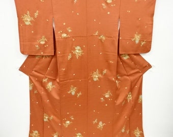 Vintage kimono silk maple leaves  flower burned orange/rust 2 panels Japanese upholstery dressmaking pillow cover