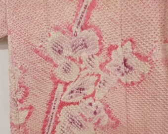 Japanese pink kimono silk shibori fabric panel Sewing  supplies hat design dressmaking 13x35" incl. white/pink silk lining vintage unused