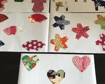 25 Kimono silk fabric stickers mixed designs handmade scrapbook crafts hearts horses fans flower Japanese  fabrics stickers easy peel off