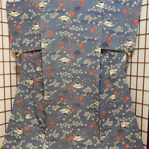 Japanese blue grey kimono silk crepe fabric floral designs 6x72 sewing crafting dressmaking bookbinding hat designs vintage image 9