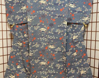 Japanese blue grey kimono silk crepe  fabric floral designs sewing crafting  dressmaking  14x60” bookbinding hat designs  vintage