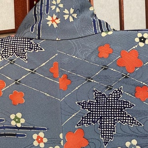 Japanese blue grey kimono silk crepe fabric floral designs 6x72 sewing crafting dressmaking bookbinding hat designs vintage image 1