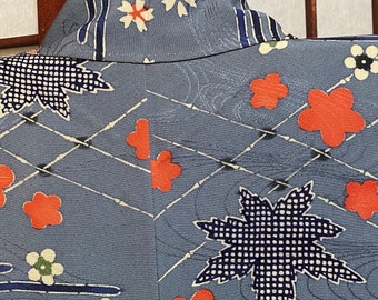 Japanese blue grey kimono silk crepe  fabric  floral designs 6x72" sewing crafting  dressmaking  bookbinding hat designs  vintage