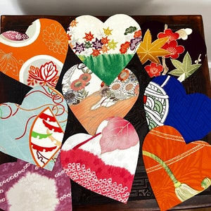 Silk Greeting cards 5 Hearts Handmade Japanese vintage kimono silk fabrics Valentines birthdays anniversary wedding greetings 5 cards image 1