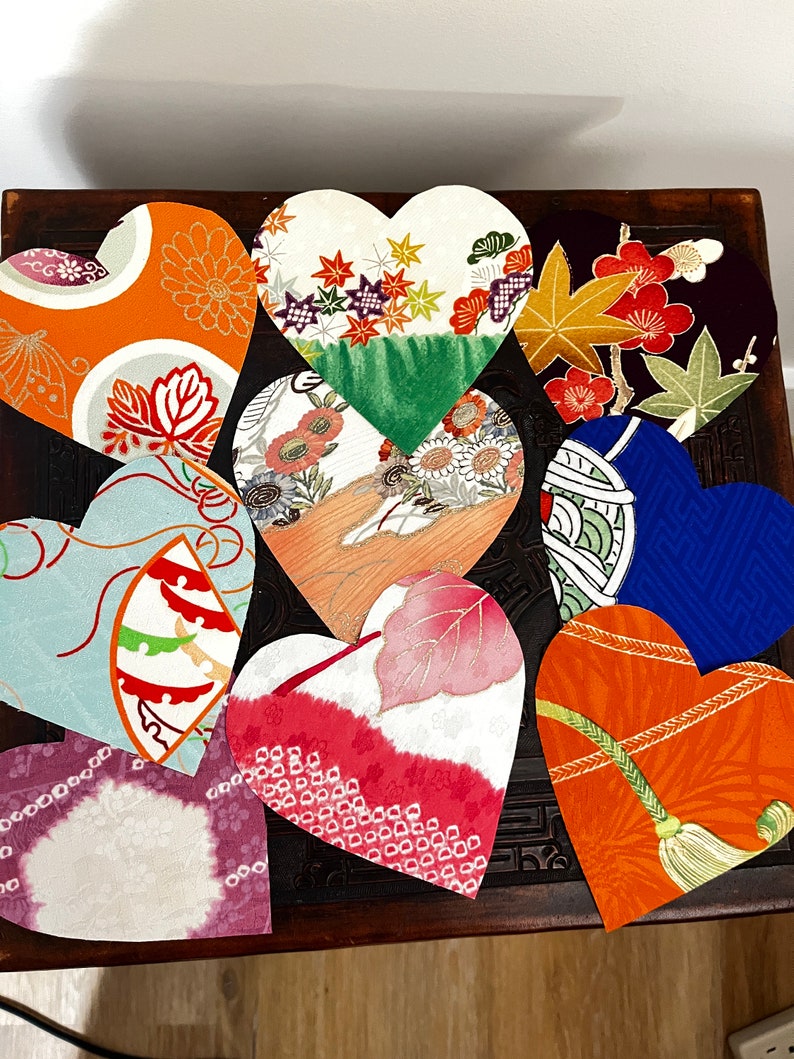 Silk Greeting cards 5 Hearts Handmade Japanese vintage kimono silk fabrics Valentines birthdays anniversary wedding greetings 5 cards image 1