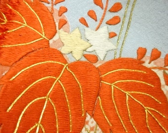 Kimono silk embroidered crepe 6x57"vintage Japanese orange blue and gold  flowers sewing scarf clothing crafts design dressmaking supplies