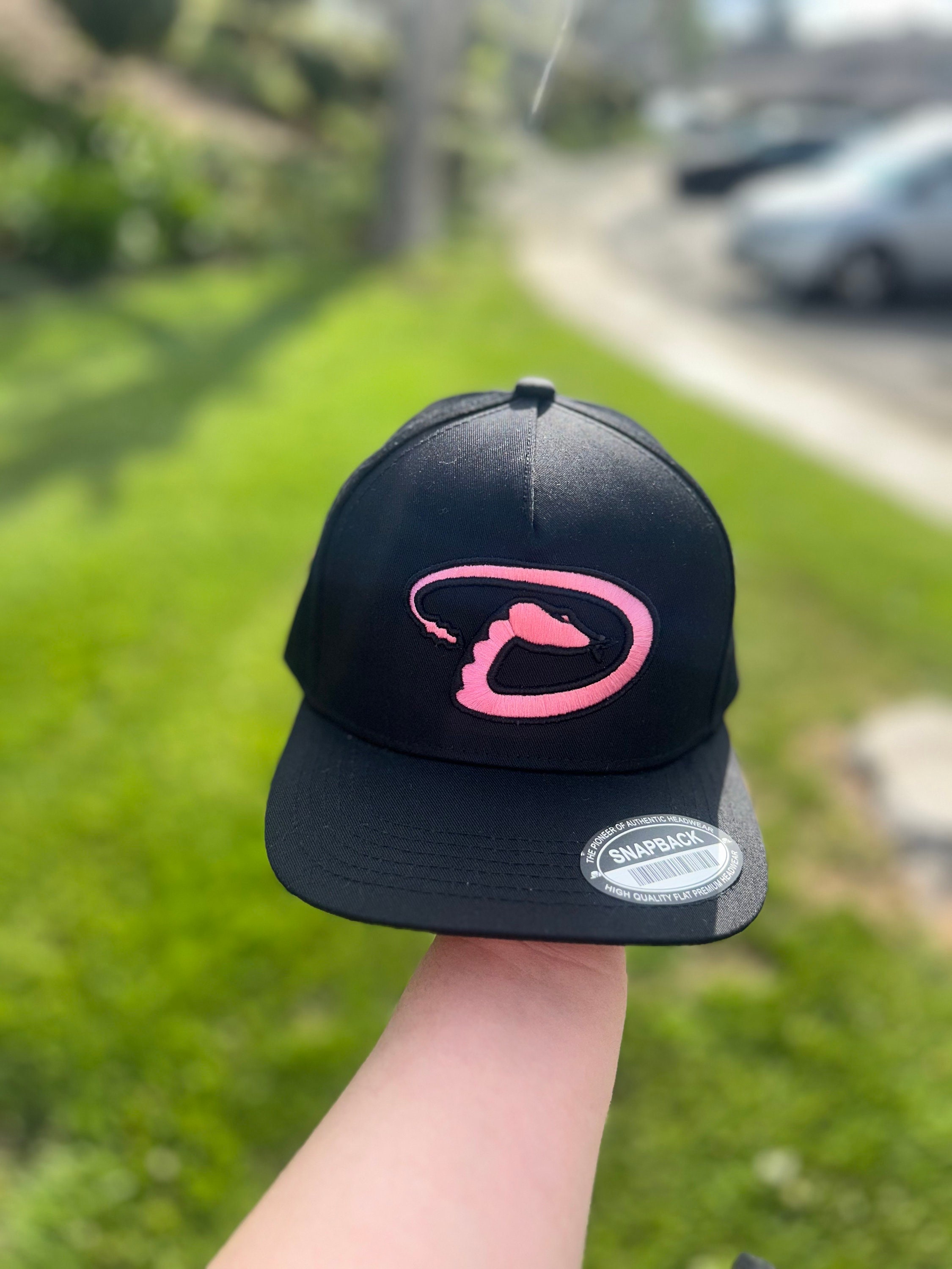 Embroidered diamondback snapback hat in black with pink