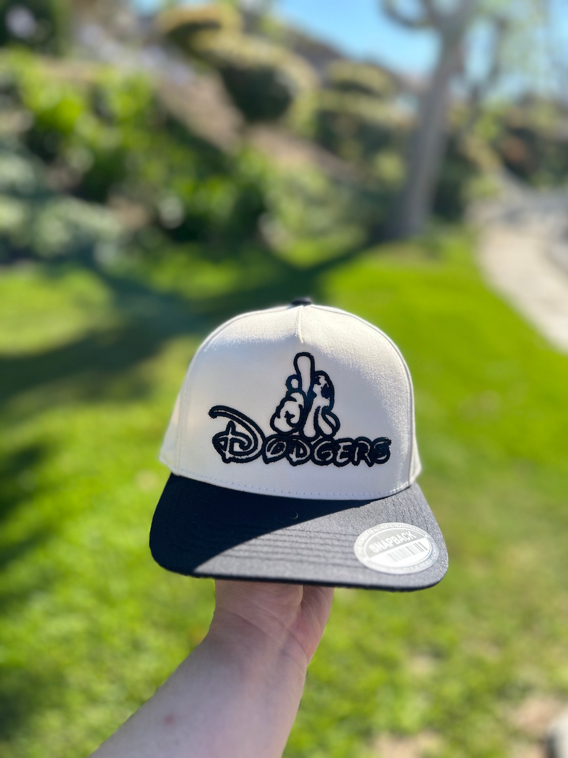 Embroidered Dodgers LA With Mickey Hands Snapback Hat in Cream