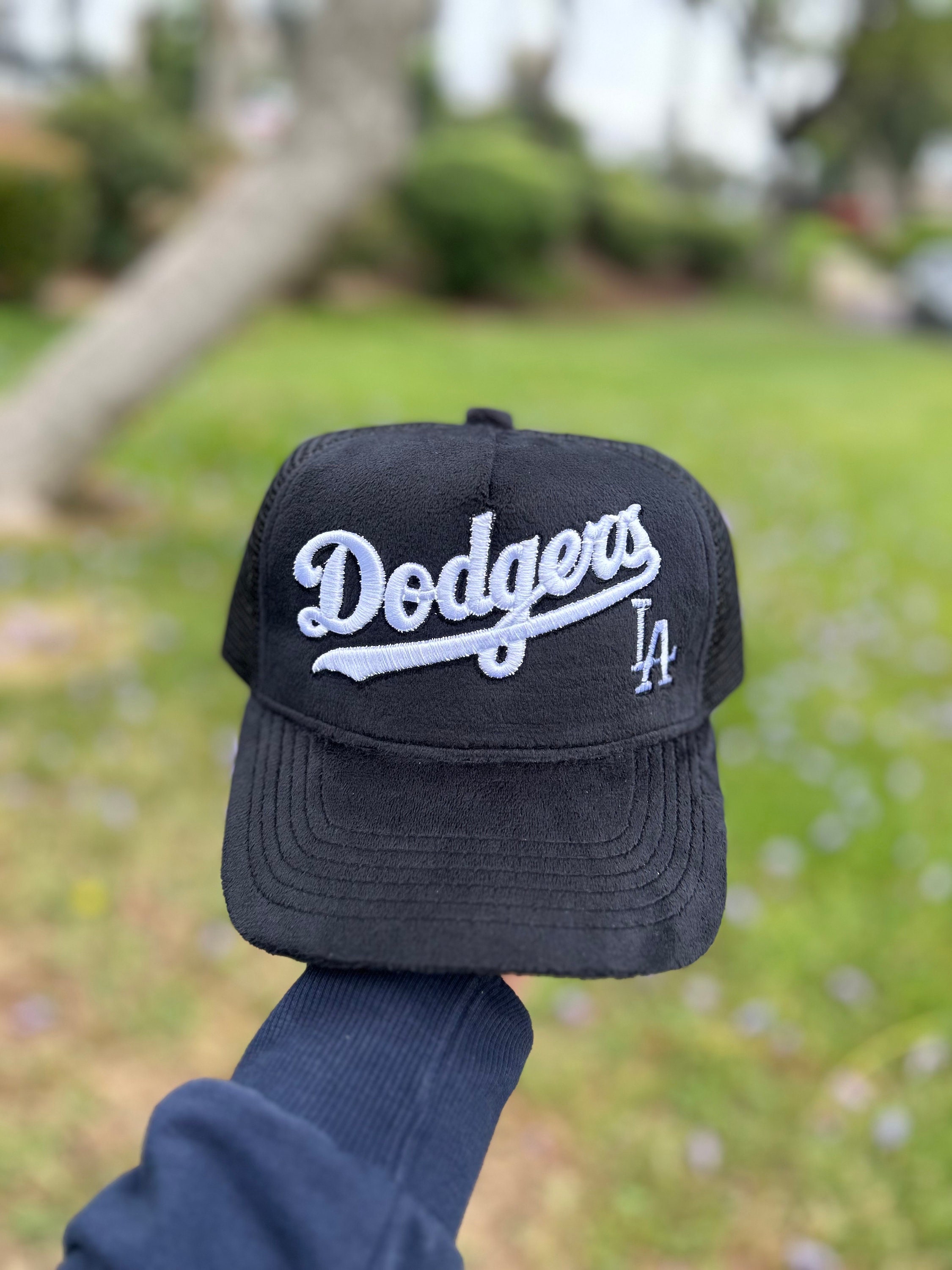 Velvet Embroidered Dodgers Trucker Hat in Black With White 