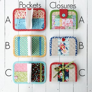 May include: Six small fabric pouches with different closures and pockets. The pouches are lined up in two rows of three. The top row is labelled "Pockets" and the bottom row is labelled "Closures". The pouches are made of various fabrics with floral patterns and different colours, including red, green, blue, yellow, and white.