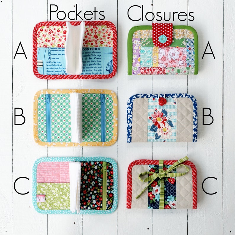 May include: Six small fabric pouches with different closures and pockets. The pouches are lined up in two rows of three. The top row is labelled "Pockets" and the bottom row is labelled "Closures". The pouches are made of various fabrics with floral patterns and different colours, including red, green, blue, yellow, and white.