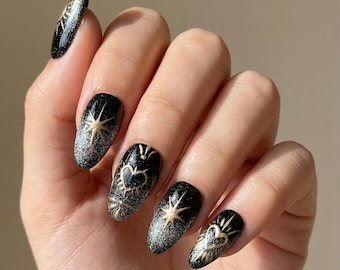 Celestial Press On Nails | Gold Star Moon Nail Art, Reusable