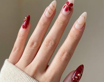 Burgundy Floral Press On Nails | Gold Accent Almond Nail Art