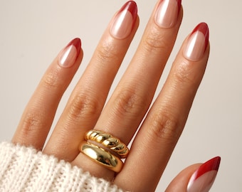 Classic Red French, short almond press on nails, red almond nails, french tip nails, gloss finish, handmade nail set, short nails, red nails