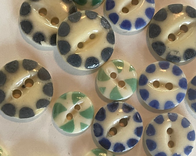 Antique China Stencil Buttons in Navy Cobalt Blue and Green Etsy