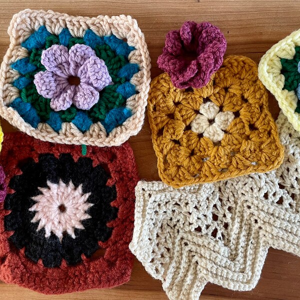 Crochet Bits and Bobs Squares Scrap Bundle granny squares, multicolored granny square, crochet destash, ready granny squares, crochet supply