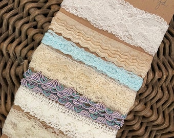 Day in April White Ecru Cream Blue purple Lace Trim Scrap Bundle 7 Pieces Trim 1 Yard Each