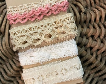 Charleston Vintage Lace Sampler White Ecru Cream Blue Lace Trim Scrap Bundle 4 Pieces Trim Each