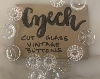 Czech Cut Glass Vintage Buttons, 1930s, Antique vintage crystal buttons assorted shapes and ornaments, sewing, dressmaking