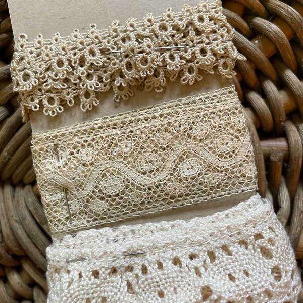 Raleigh Vintage Lace Sampler White Ecru Cream Blue Lace Trim Scrap Bundle 3 Pieces Trim Each