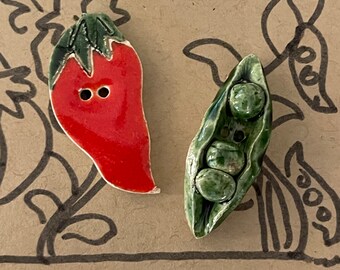 Peppers and Peas, Vintage Handmade Ceramic Buttons, vegetable, sewing, dollmaking, embroidery, costume, slow stitch, buttons by Joyce