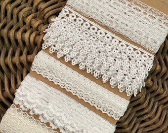 Orleans White sampler Lace Trim Scrap Bundle 5 Pieces Trim 2 Yards Each