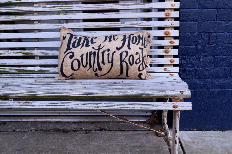 Take me Home Country Roads Burlap Pillow indoor / outdoor Quincy Almost Heaven, West Virginia mountaineers mountain momma image 2