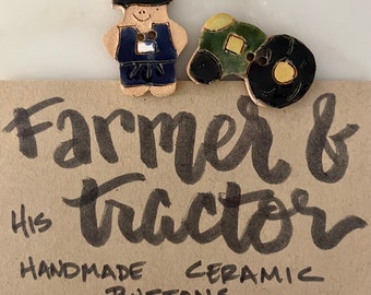 Farmer and Tractor Vintage Handmade Ceramic Buttons, pattern, sewing, dollmaking, embroidery, costume, slow stitch, buttons by Joyce